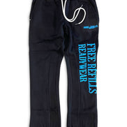 Black sweatpants with a white drawstring and bright blue 'FREE REFILLS READYWEAR' text printed on the left leg, shown against a plain white background.