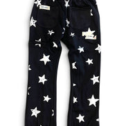 Black pants with an all-over white star pattern, featuring an elastic waistband, side cargo pockets, and elastic cuffs at the ankles, shown flat on a white background.