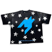 A black short-sleeve t-shirt with a large blue lightning bolt graphic on the front, surrounded by white starburst patterns, shown against a plain white background.