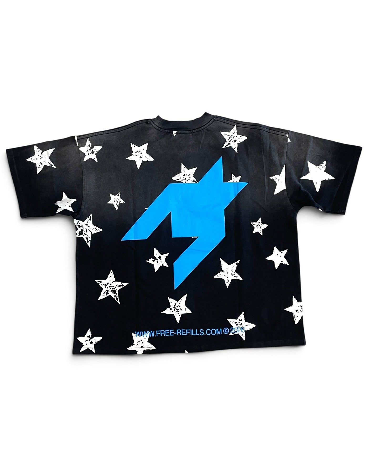 A black short-sleeve t-shirt with a large blue lightning bolt graphic on the front, surrounded by white starburst patterns, shown against a plain white background.