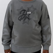 Gray sweatshirt with star design and text on a plain background