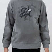 Gray sweatshirt with star design and brand logo worn by a person on a white background