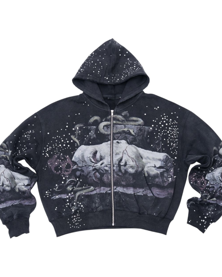 Black hoodie with graphic design on a white background