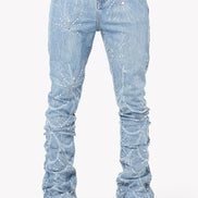 Light blue distressed jeans on a white background