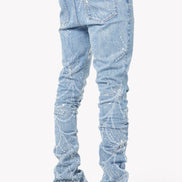 Light blue distressed jeans worn by a person on a white background