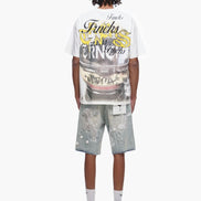 Person wearing a white graphic t-shirt and light gray shorts on a white background