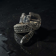 Silver and black belt with intricate design on a dark surface