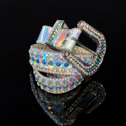 Sparkling belt with a large, ornate buckle on a black background