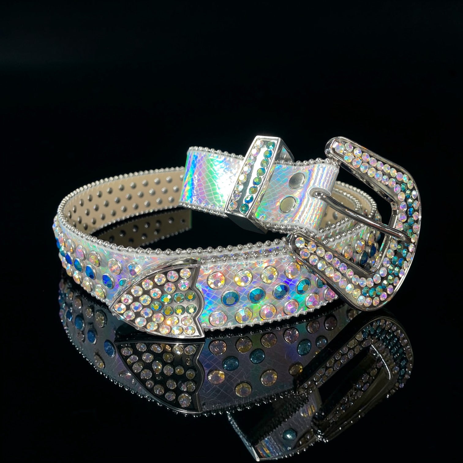 Decorative belt with rhinestone embellishments on a black background