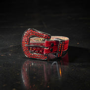 Red belt with decorative buckle on a dark surface