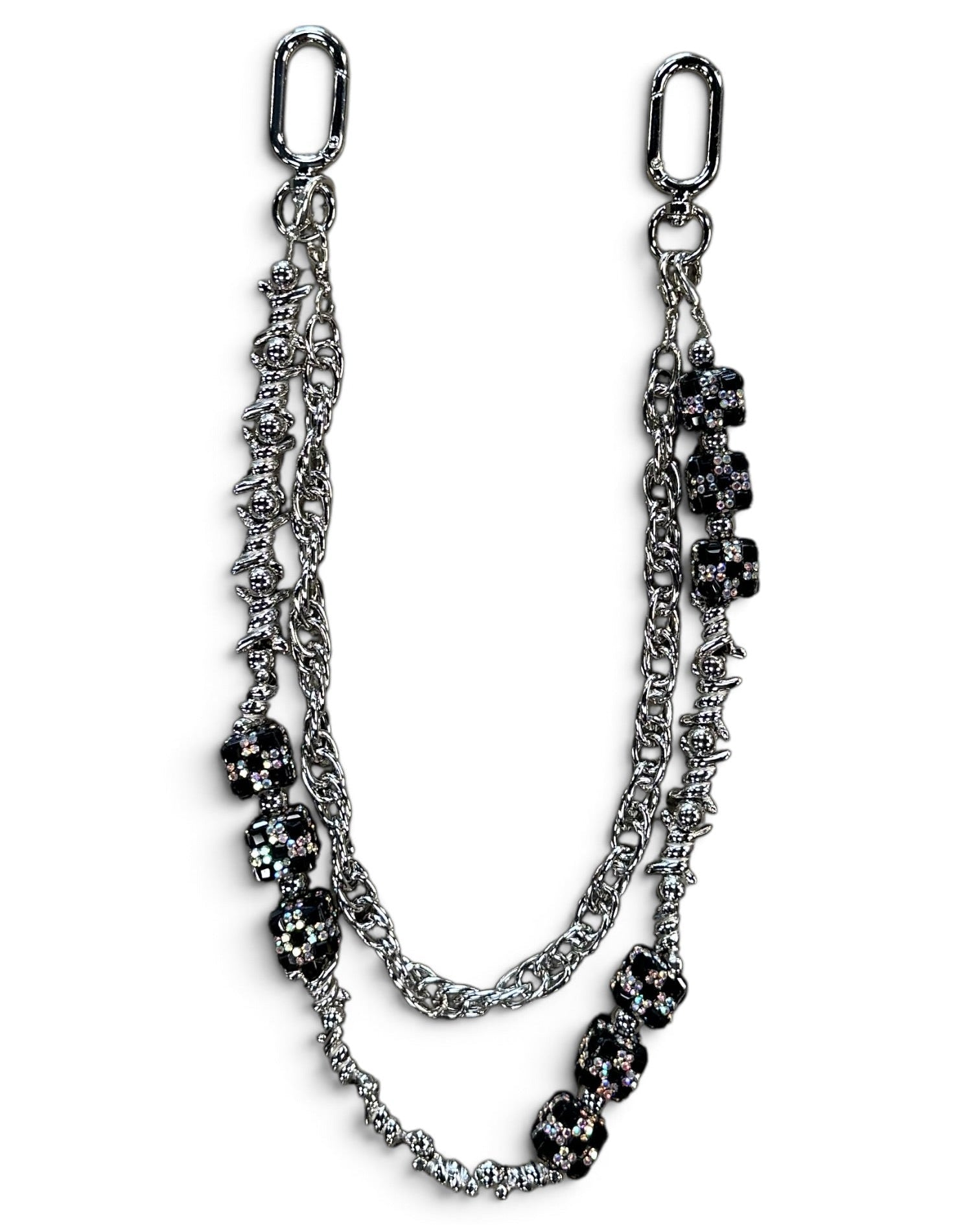 A silver-toned double-layer chain strap with black rhinestone-embellished oval links, displayed on a clean white background.