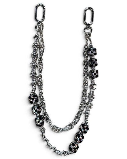A silver-toned double-layer chain strap with black rhinestone-embellished oval links, displayed on a clean white background.