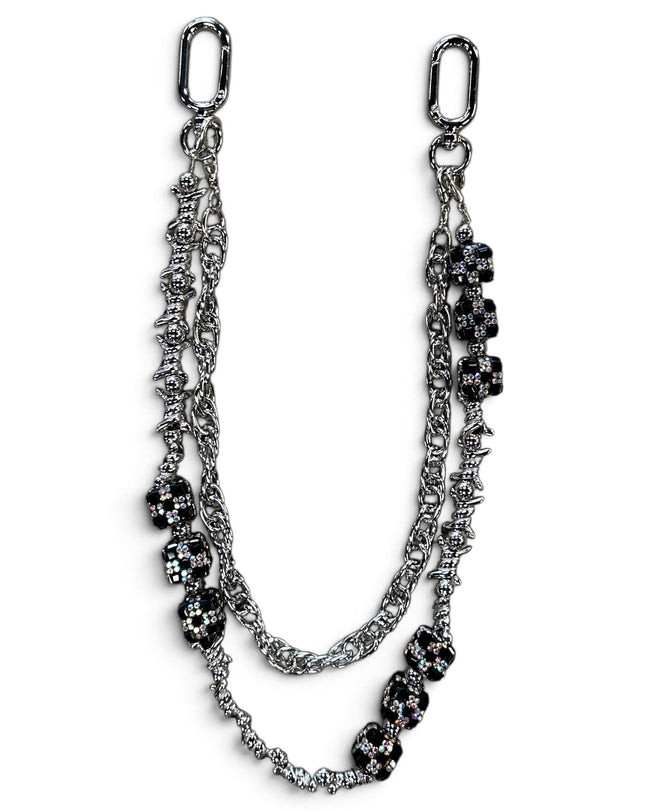 A silver-toned double-layer chain strap with black rhinestone-embellished oval links, displayed on a clean white background.