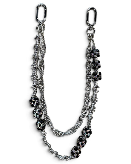 A silver-toned double-layer chain strap with black rhinestone-embellished oval links, displayed on a clean white background.