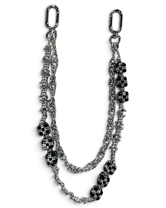 A silver-toned double-layer chain strap with black rhinestone-embellished oval links, displayed on a clean white background.