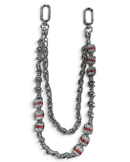 A silver-toned chain accessory with textured links and multiple cylindrical beads set with clear stones and red inlay, displayed on a white background.