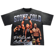 Black t-shirt with 'Stone Cold' graphic design featuring a wrestler and text on a white background.