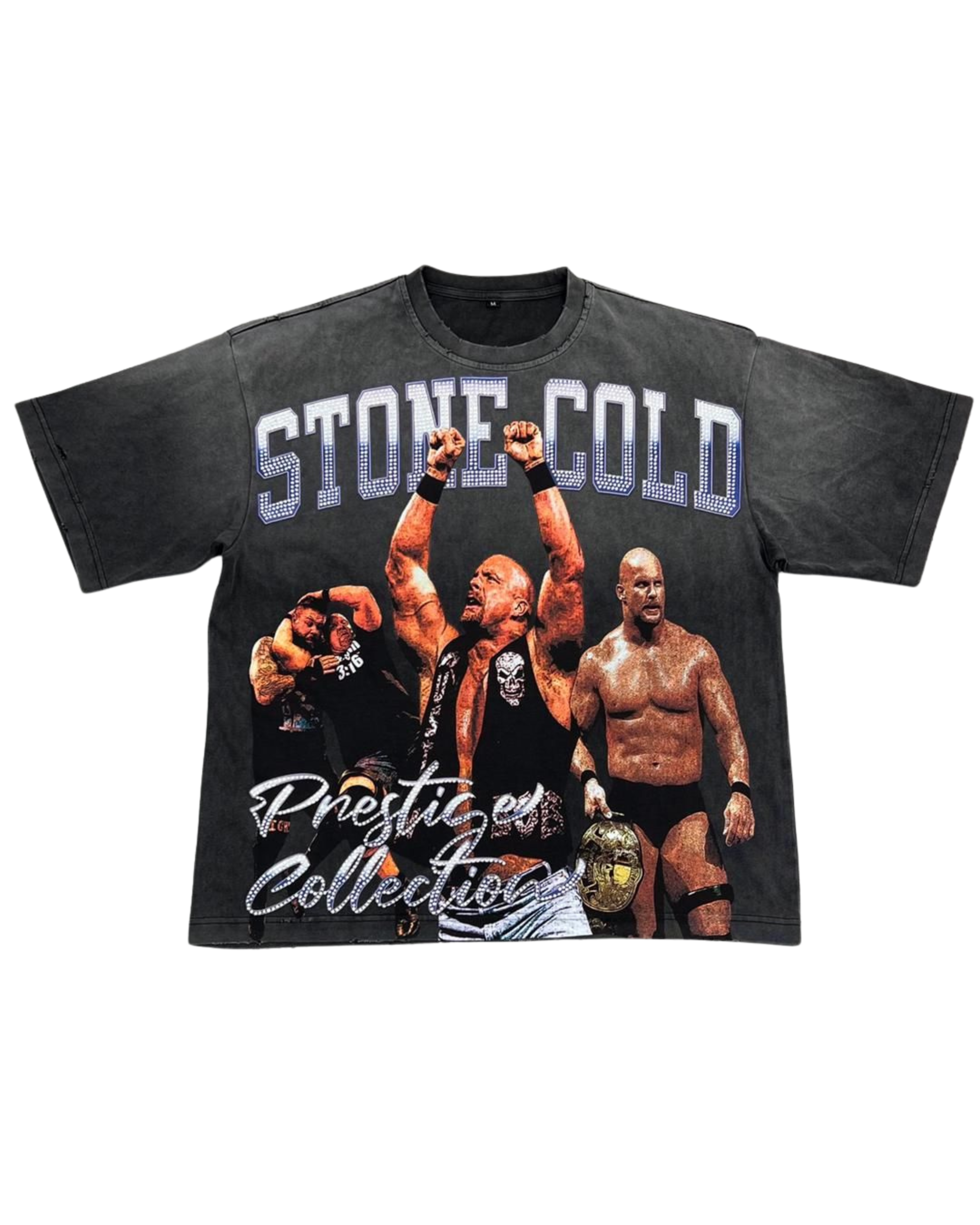 Black t-shirt with 'Stone Cold' graphic design featuring a wrestler and text on a white background.