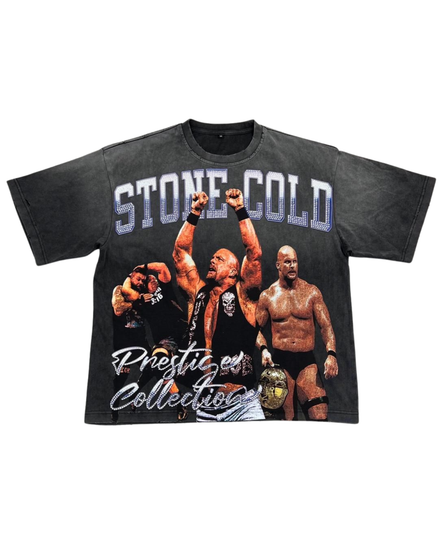 Black t-shirt with 'Stone Cold' graphic design featuring a wrestler and text on a white background.