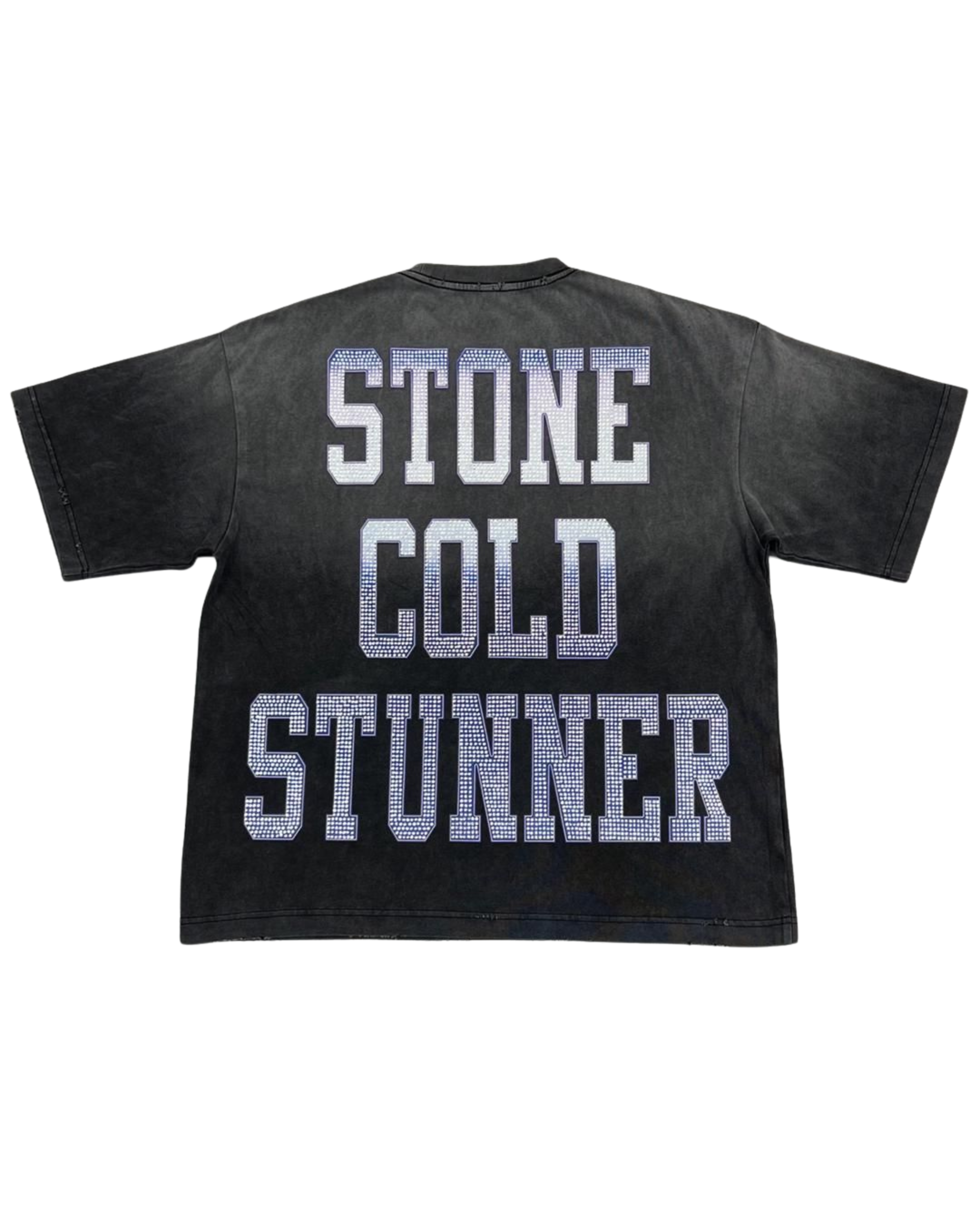 Black t-shirt with 'STONE COLD STUNNER' text on the back against a white background