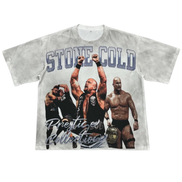white t-shirt with 'Stone Cold' wrestling graphic on a white background