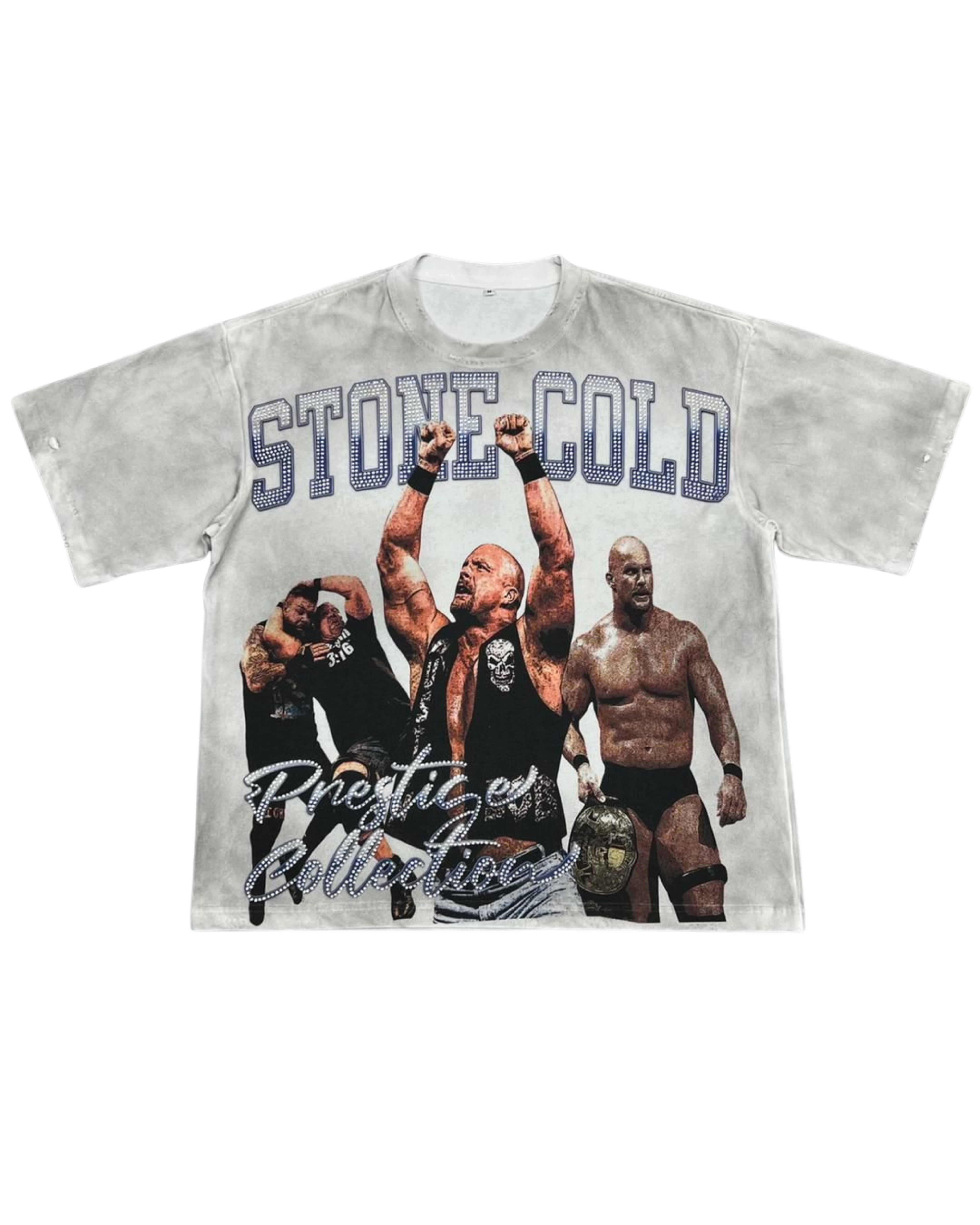 white t-shirt with 'Stone Cold' wrestling graphic on a white background