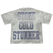 white t-shirt with 'STONE COLD STUNNER' text on a white background