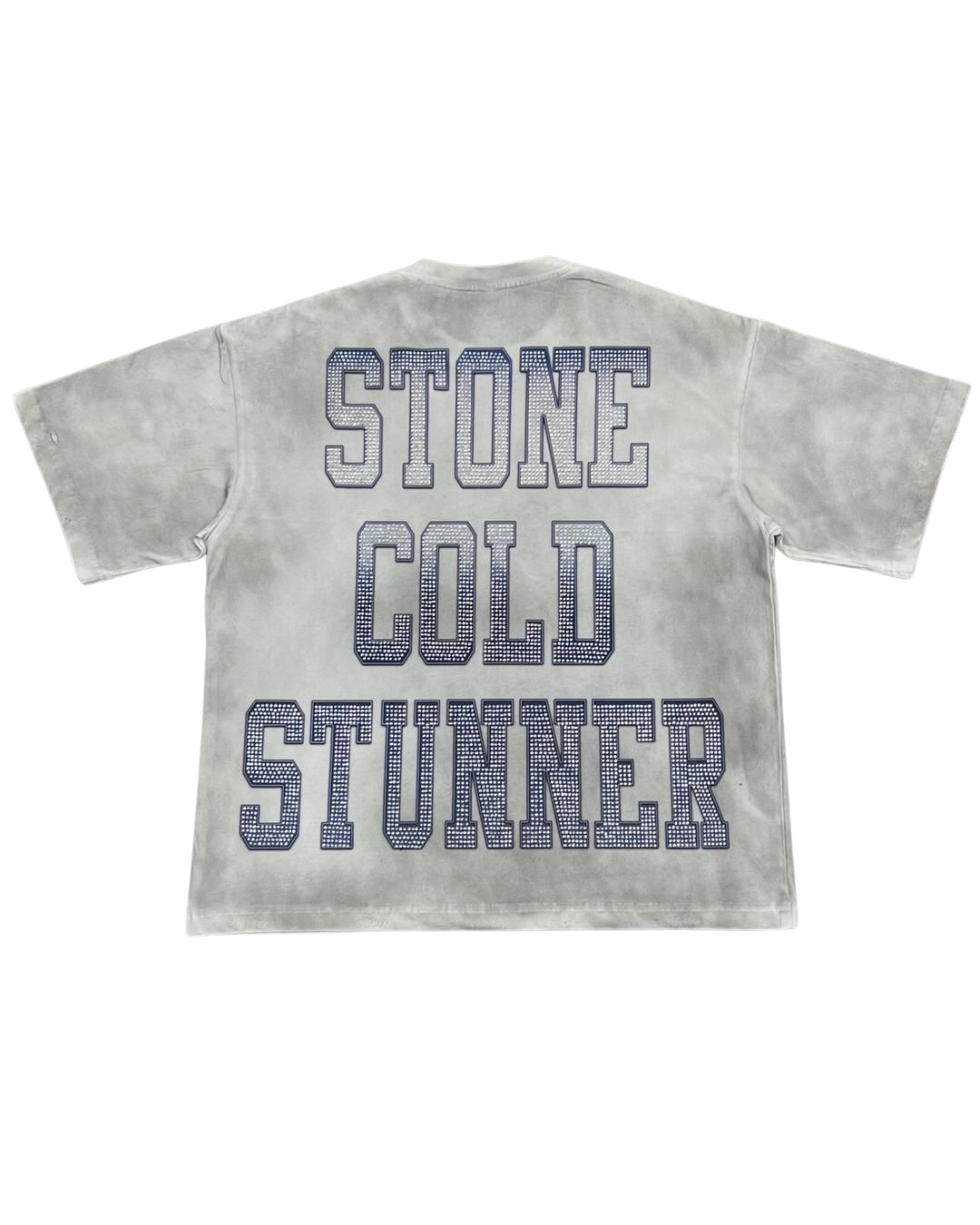white t-shirt with 'STONE COLD STUNNER' text on a white background