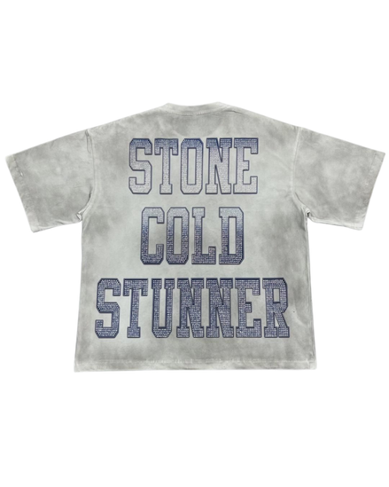 white t-shirt with 'STONE COLD STUNNER' text on a white background