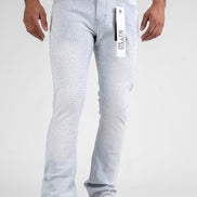 Light blue jeans with a visible brand tag on a white background
