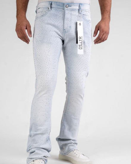 Light blue jeans with a visible brand tag on a white background