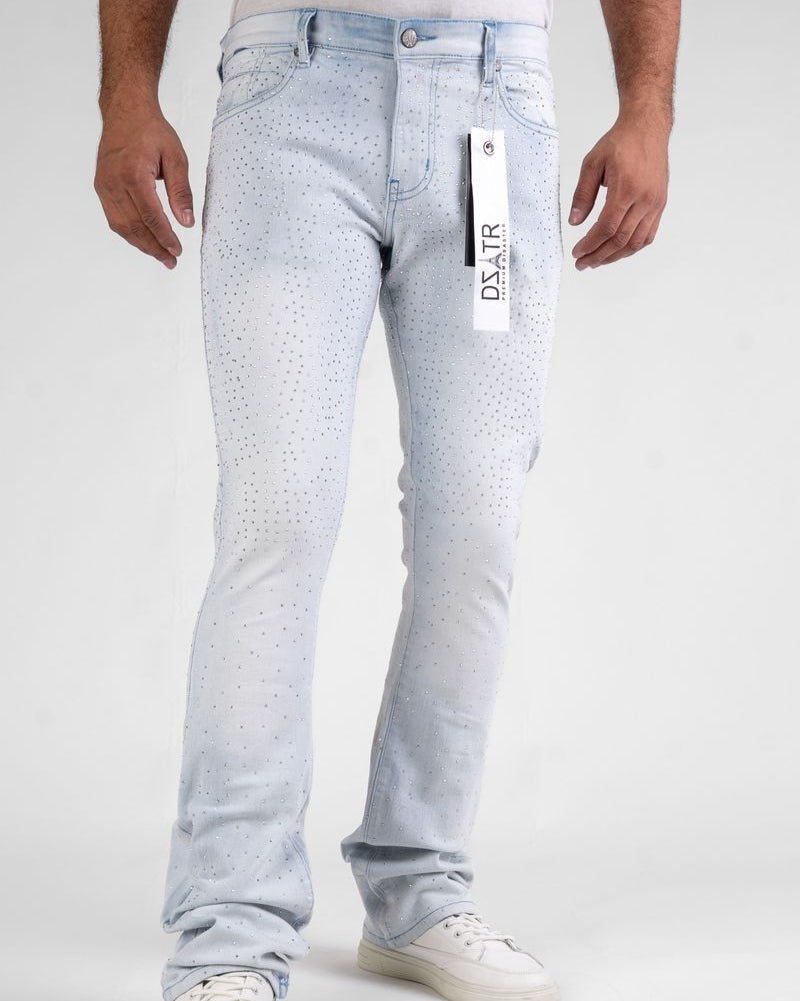 Light blue jeans with a visible brand tag on a white background