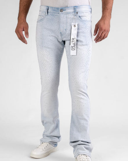 Light blue jeans worn by a person on a white background