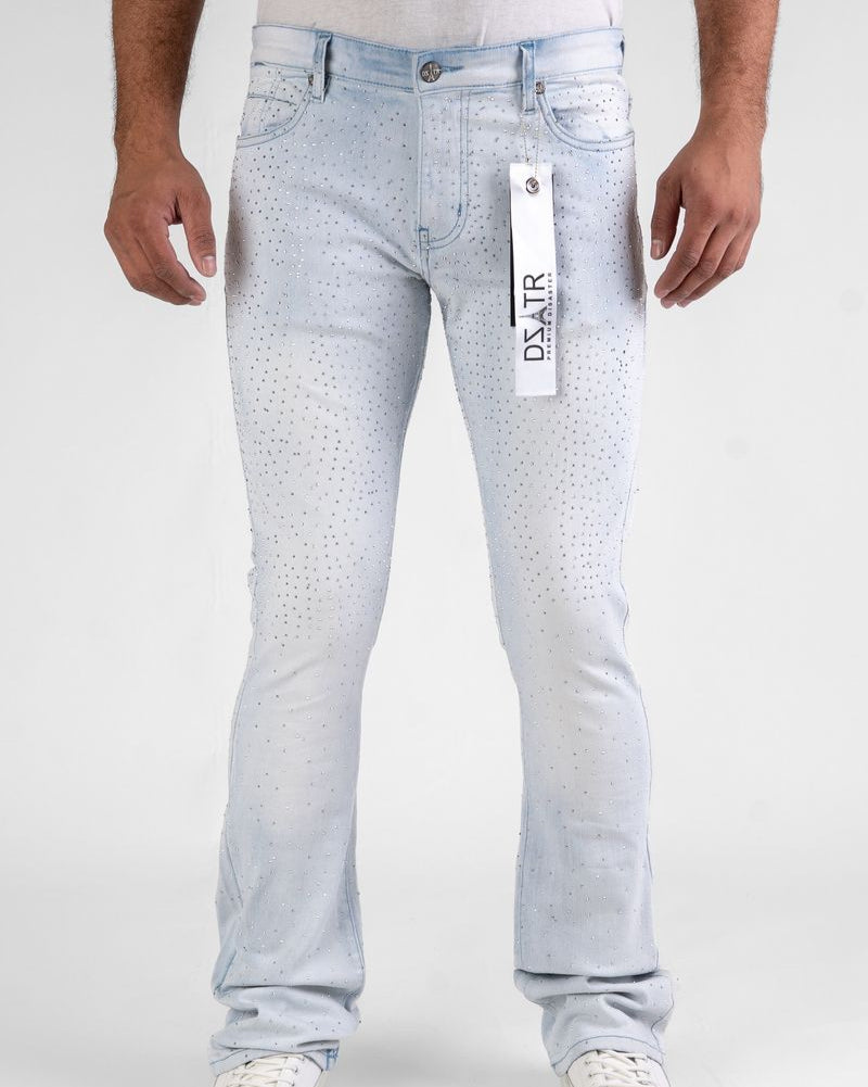 Light blue jeans with a brand tag on a white background