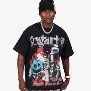 A man wearing a black beanie, a black Sugarhill Gang graphic t-shirt, and camouflage shorts with 'SUGARHILL' printed on the front, standing against a light gray background.