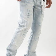 Light blue distressed jeans with a brand logo on a white background