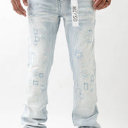 Light blue jeans with a brand logo on a white background