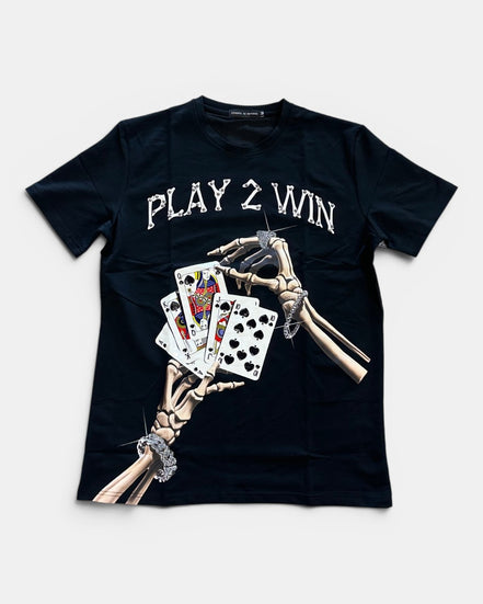 Black t-shirt with skeleton hands holding playing cards and text 'Play 2 Win' on a white background