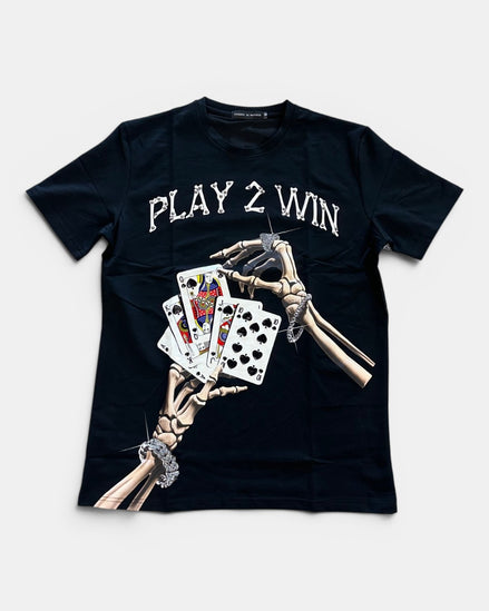 Black t-shirt with skeleton hands holding playing cards and text 'Play 2 Win' on a white background