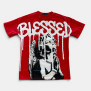 Red t-shirt with 'BLESSED' text and graphic design on a white background