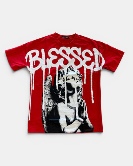 Red t-shirt with 'BLESSED' text and graphic design on a white background