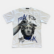 White t-shirt with graphic design and text on a white background