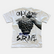 White t-shirt with graphic design and text on a white background