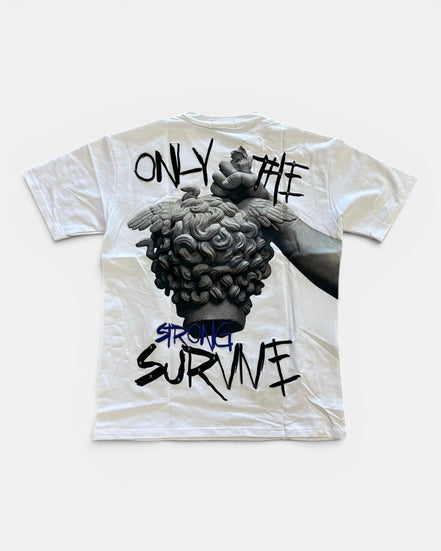 White t-shirt with graphic design and text on a white background