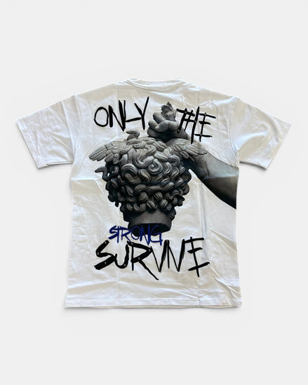 White t-shirt with graphic design and text on a white background