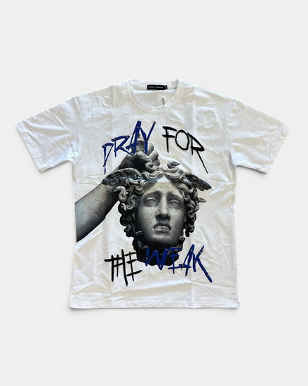 White t-shirt with graphic design and text on a white background