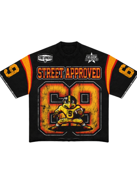 Black t-shirt with 'Street Approved' and number '69' design on a white background