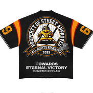 Black t-shirt with yellow and white graphics and text on a white background