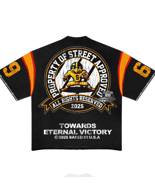 Black t-shirt with yellow and white graphics and text on a white background