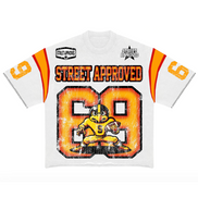 White t-shirt with orange and black graphics and text on a white background